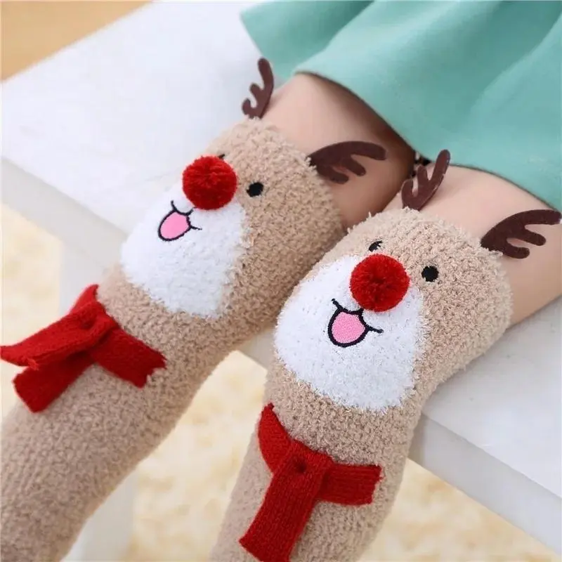 New 1pair Deer Thickened Floor Socks Thighs Socks Creative Christmas Knee High Socks Stocking Keep Warm Comfortable Ladies Socks