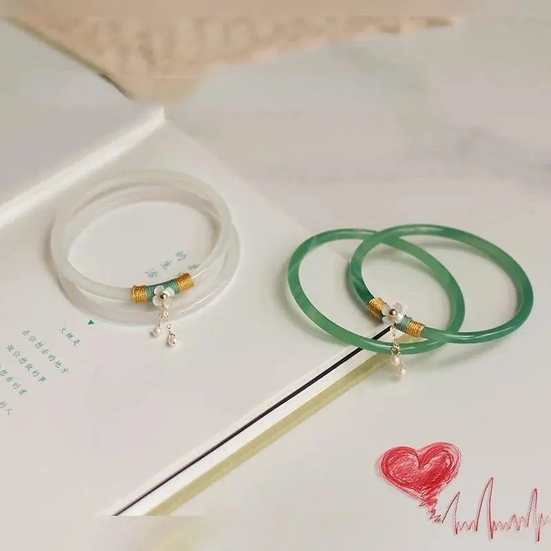 2 Pcs Natural Green Jade Bangle Bracelet Charm Jewellery Fashion Thin Accessories Hand-Carved Lucky Amulet Gifts Pretty Bracelet
