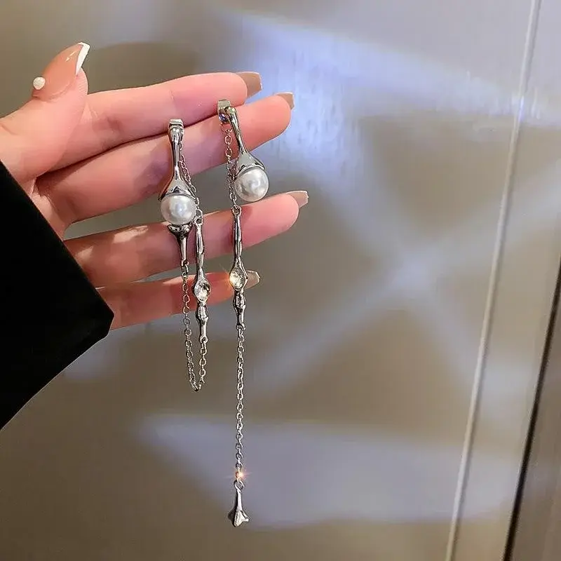 2024 Statement Fashion Ladies Asymmetric Pearl Long Tassel Earrings Korean Style A Two-wear Drop Chain Jewelry Accessories