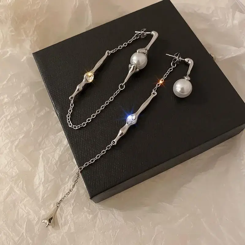 2024 Statement Fashion Ladies Asymmetric Pearl Long Tassel Earrings Korean Style A Two-wear Drop Chain Jewelry Accessories