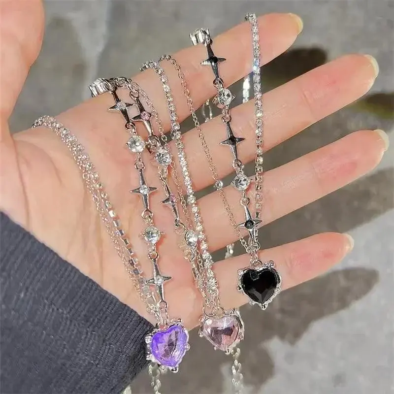 1 Pcs Gradient Purple Zircon Star Heart Necklace Crystal Cross Star Chain Choker Irregular Necklaces Jewelry Pretty Lady Jewelry