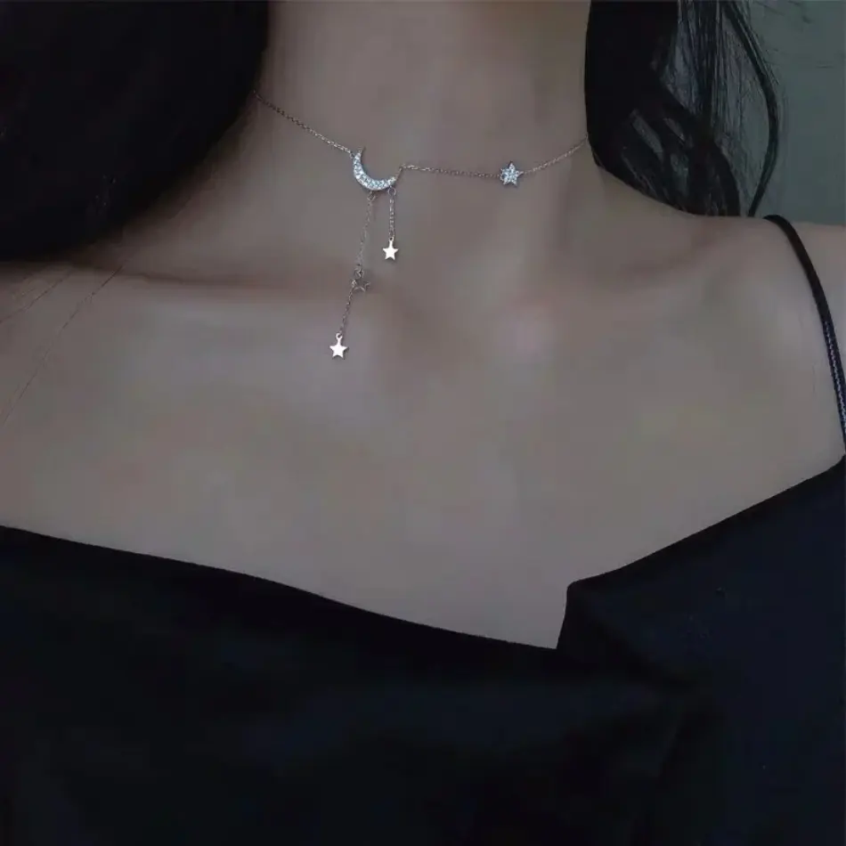 Fashion Design Ladies Necklace New Style Star Moon Tassel Pendant Rhinestones Clavicle Chain Choker Collares Wedding Jewelry