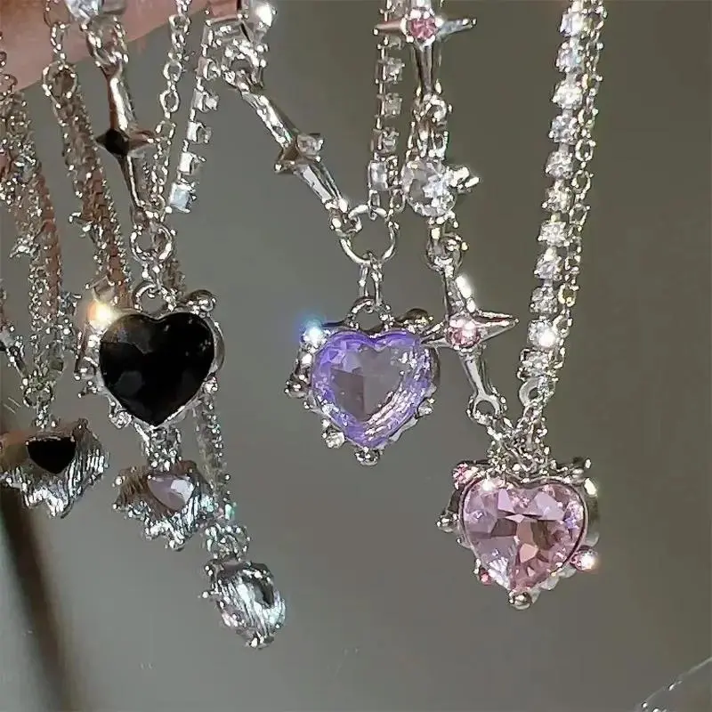 1 Pcs Gradient Purple Zircon Star Heart Necklace Crystal Cross Star Chain Choker Irregular Necklaces Jewelry Pretty Lady Jewelry