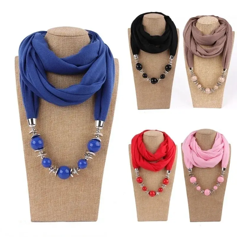 Fashion Retro Ethnic Scarf Necklace Women New Fashion Scarves Collar Pendant Scarf Beads Solid Color Jewelry Girl Fancy Bead Bib