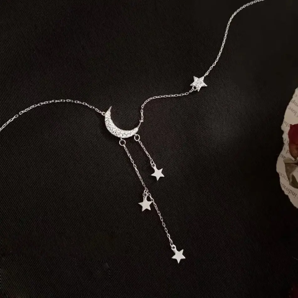 Fashion Design Ladies Necklace New Style Star Moon Tassel Pendant Rhinestones Clavicle Chain Choker Collares Wedding Jewelry