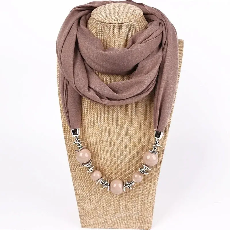 Fashion Retro Ethnic Scarf Necklace Women New Fashion Scarves Collar Pendant Scarf Beads Solid Color Jewelry Girl Fancy Bead Bib