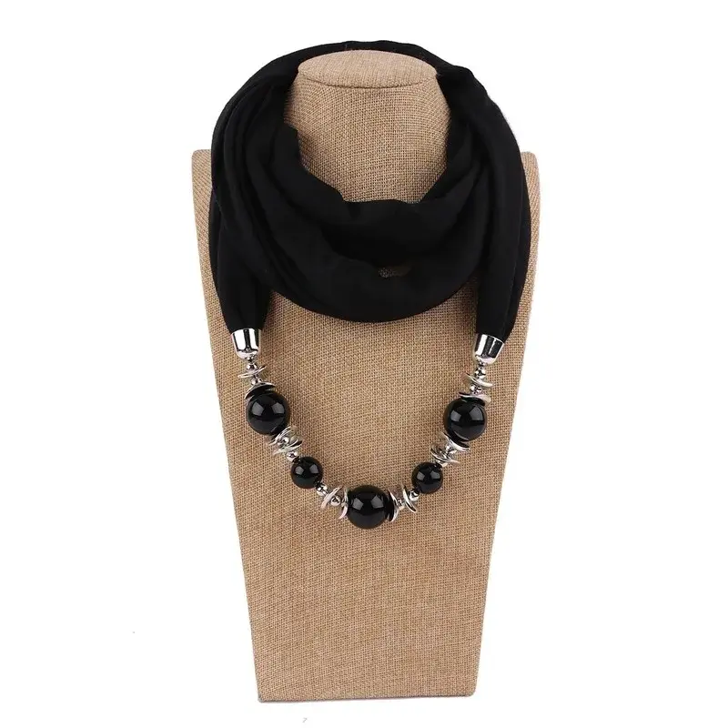 Fashion Retro Ethnic Scarf Necklace Women New Fashion Scarves Collar Pendant Scarf Beads Solid Color Jewelry Girl Fancy Bead Bib
