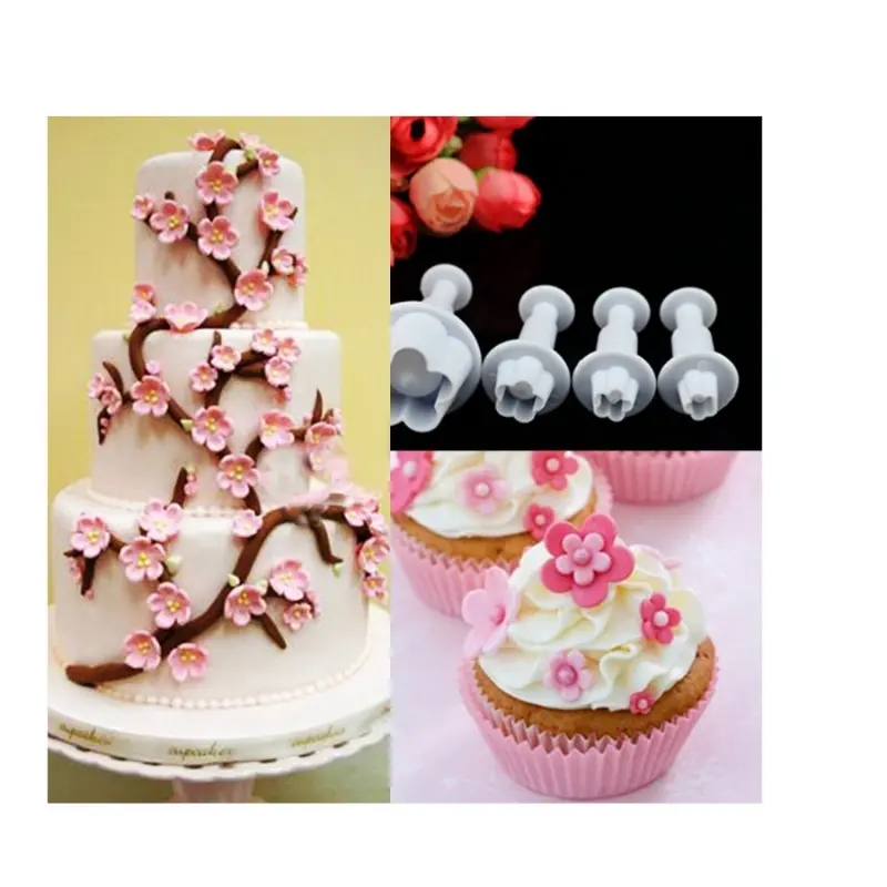 Hot Sale 4Pcs/Set Plum Flower Plunger Fondant Mold Cutter Cake Tools Decorating Christmas Cake Decor Home Kitchen Baking Tool