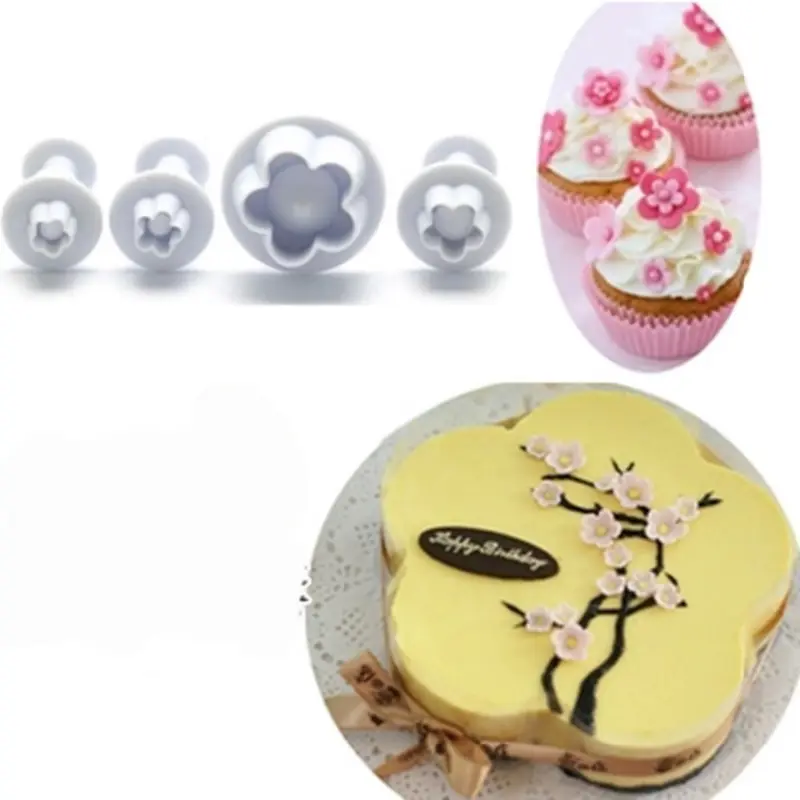 Hot Sale 4Pcs/Set Plum Flower Plunger Fondant Mold Cutter Cake Tools Decorating Christmas Cake Decor Home Kitchen Baking Tool