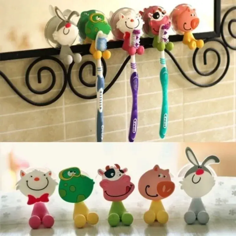New Suction Cup Toothbrush Holder Wall Mounted Cute Cartoon Cat Frogs Pig Bathroom Toothbrush Suction Cup Toothpaste Hanger Rack
