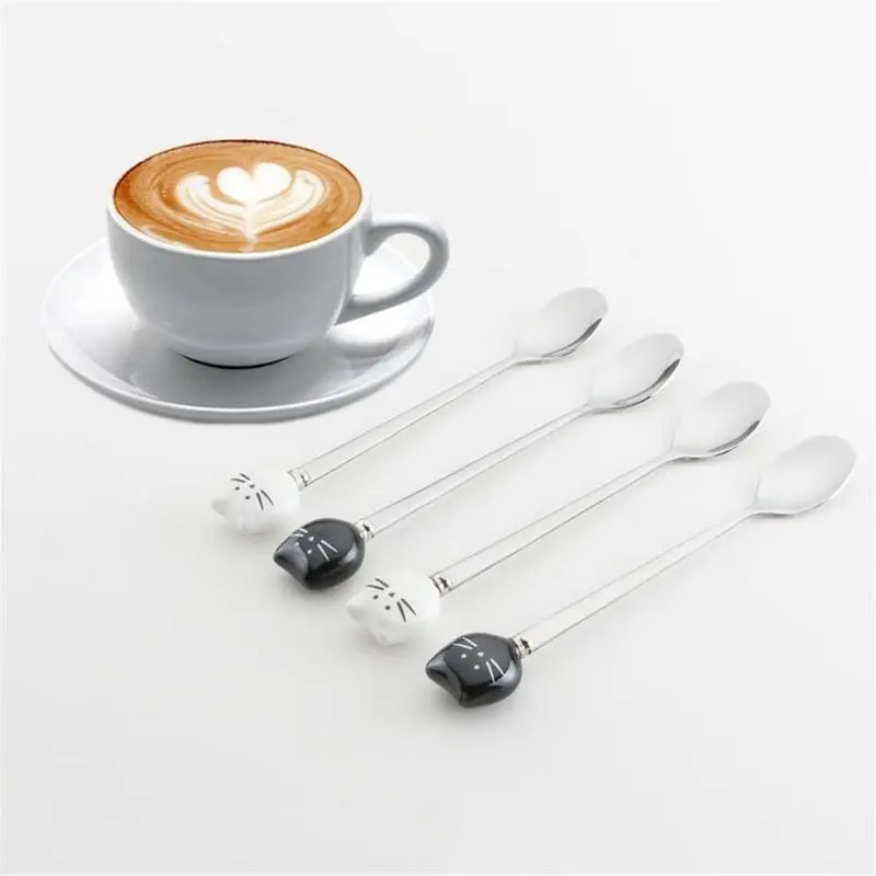 1PC Cat Ceramic Spoons Stainless Steel Cartoon Ice Cream Sugar Tea Dessert Spoon Suitable Home Kitchen Coffee Store Spoons Tools