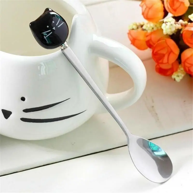 1PC Cat Ceramic Spoons Stainless Steel Cartoon Ice Cream Sugar Tea Dessert Spoon Suitable Home Kitchen Coffee Store Spoons Tools