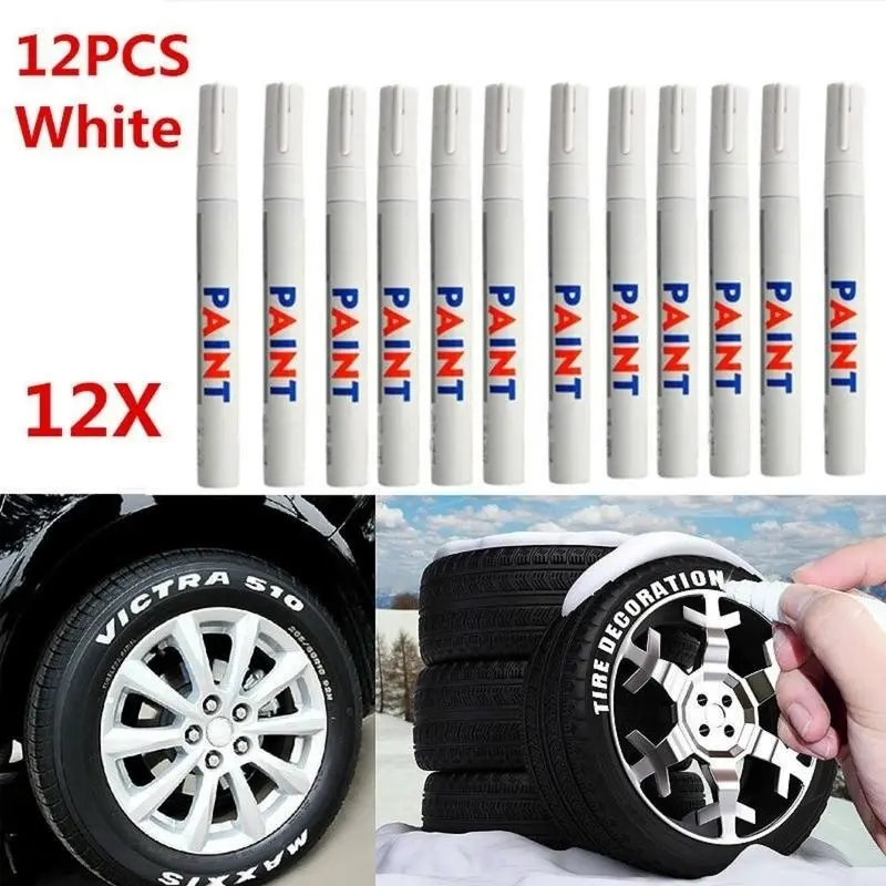 12pcs White Waterproof Rubber Permanent Paint Marker Pen Car Tyre Tread Environmental Tire Paint Suitable Car Wheel Paint Pen