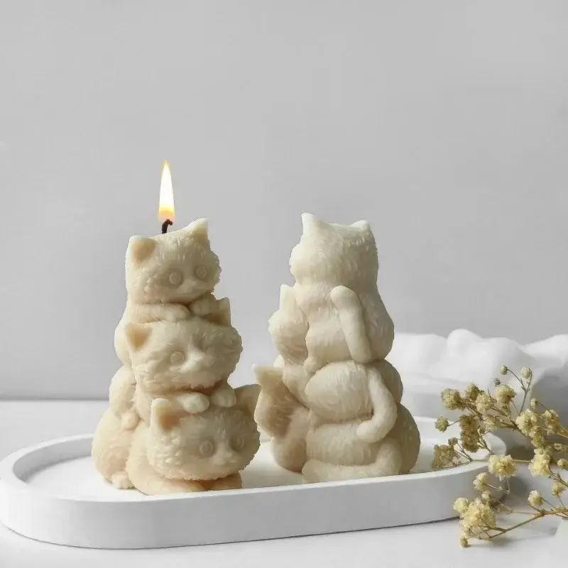 DIY Animal Three Kittens Silicone Mold Stacking Cats Cute Aroma Candle Plaster Ornaments Car Aromatherapy Molds