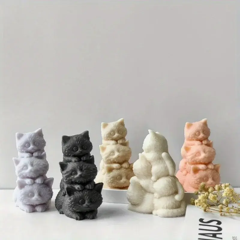 DIY Animal Three Kittens Silicone Mold Stacking Cats Cute Aroma Candle Plaster Ornaments Car Aromatherapy Molds