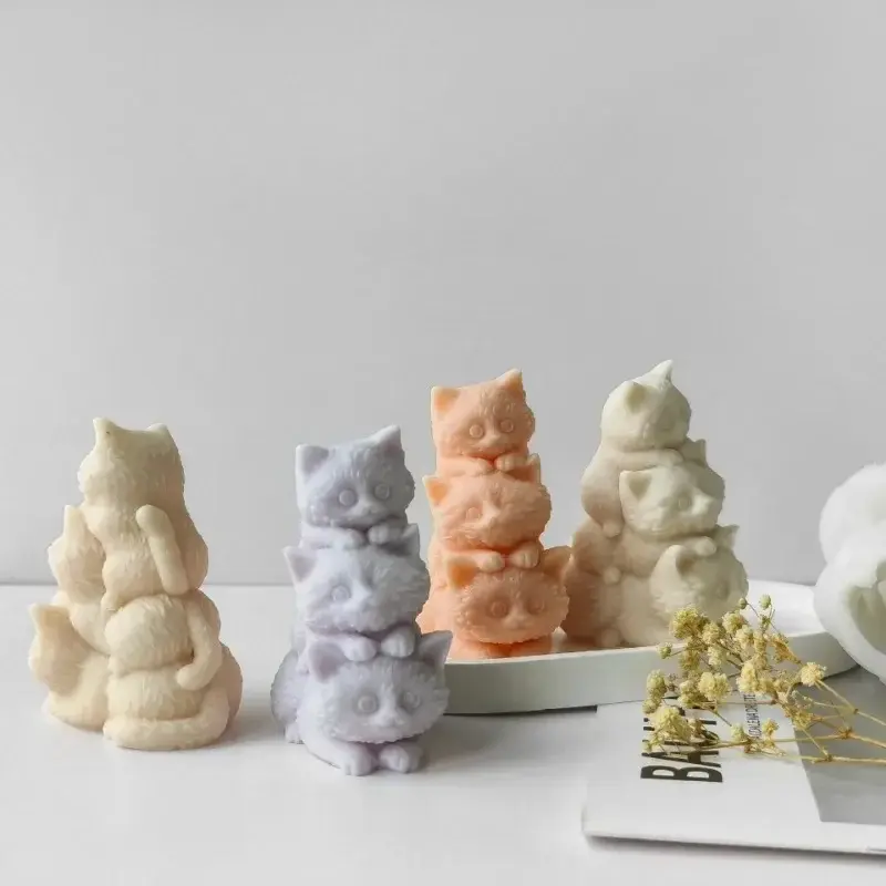 DIY Animal Three Kittens Silicone Mold Stacking Cats Cute Aroma Candle Plaster Ornaments Car Aromatherapy Molds