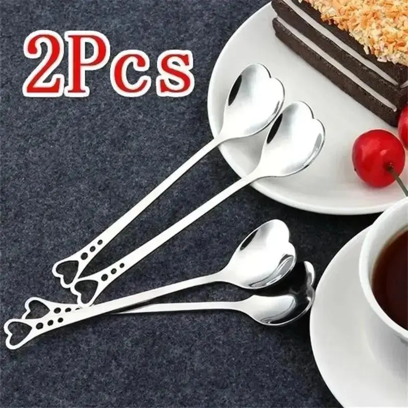 New 2Pcs Heart Shape Stainless Steel Coffee Spoon Dessert Sugar Stirring Ice Cream Yogurt Honey Spoon Kitchen Home Supplies