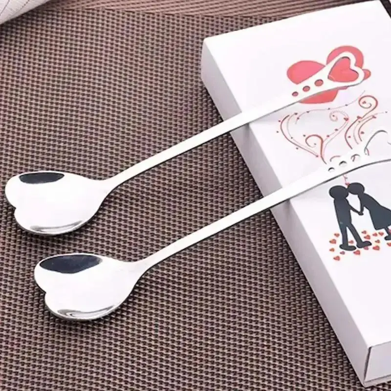New 2Pcs Heart Shape Stainless Steel Coffee Spoon Dessert Sugar Stirring Ice Cream Yogurt Honey Spoon Kitchen Home Supplies
