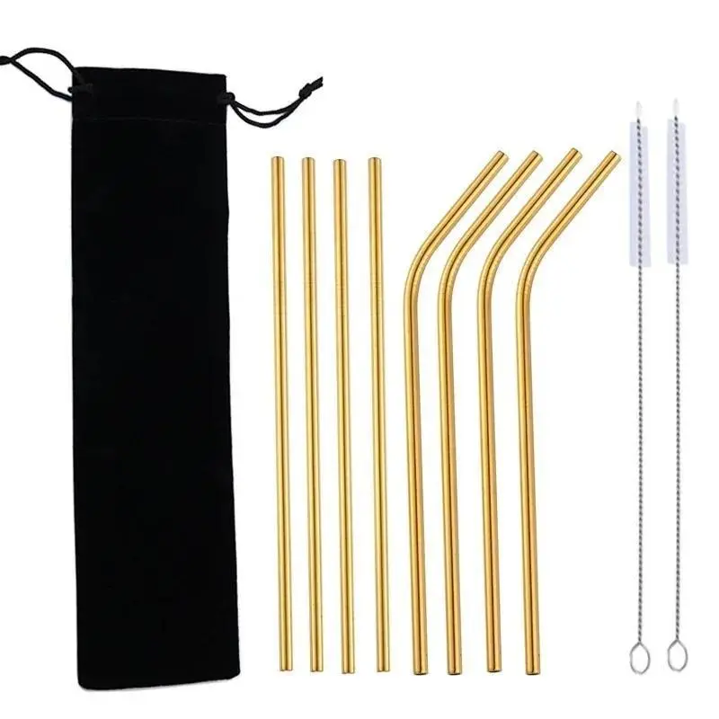 10Pc Rainbow Color Reusable Metal Straws Set with Cleaner Brush 304 Stainless Steel Drinking Straw Drinkware Bar Party Accessory
