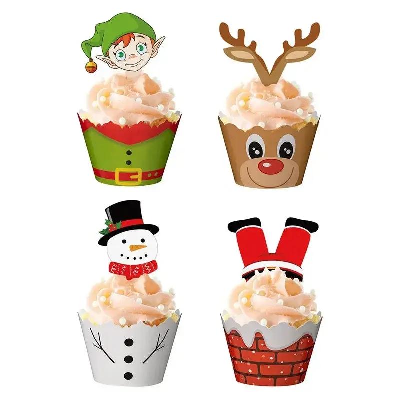 Hot Sale New 24/48pcs Christmas Paper Cupcake Wrapper Christmas New Year Birthday Party Cake Decor Tools Santa Claus Cake Topper