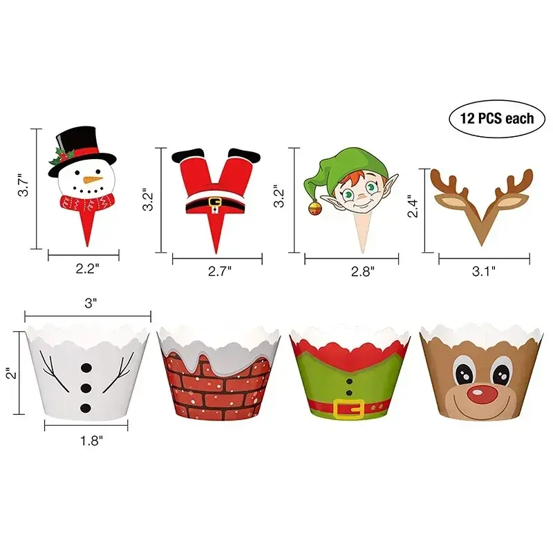 Hot Sale New 24/48pcs Christmas Paper Cupcake Wrapper Christmas New Year Birthday Party Cake Decor Tools Santa Claus Cake Topper