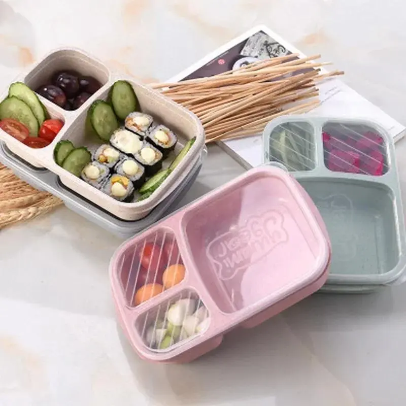 Portable Lunch Wheat Straw Lunch Box Single Layer 3 Grid Lid Microwave Food Box Biodegradable Lunch Storage Container Table Tool
