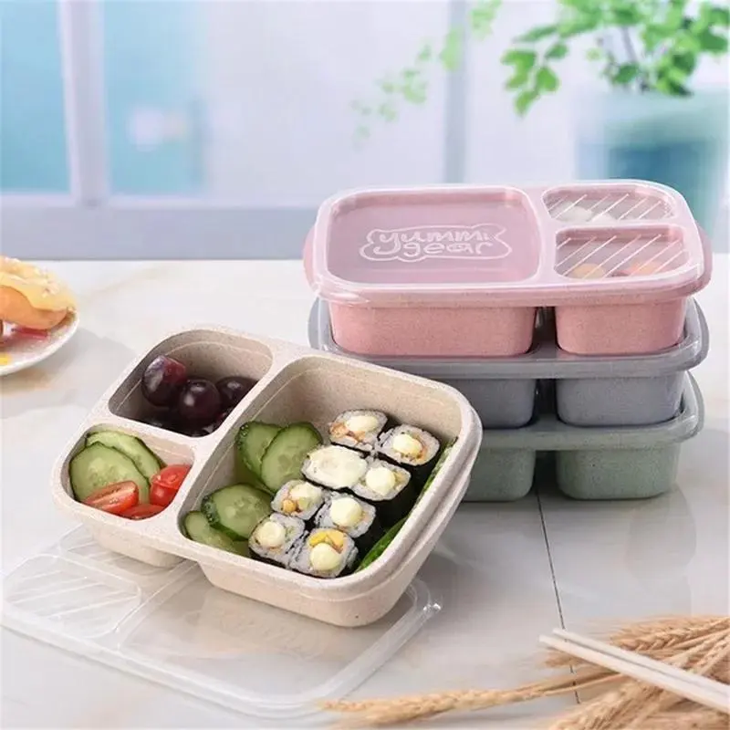 Portable Lunch Wheat Straw Lunch Box Single Layer 3 Grid Lid Microwave Food Box Biodegradable Lunch Storage Container Table Tool