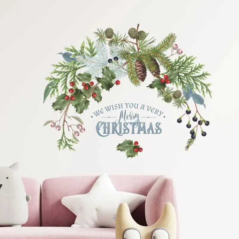 Green Plant Pine Cone Branch Wall Sticker Decoration New Year Decoration Glass Window Door Poster Home Mural Vinyl