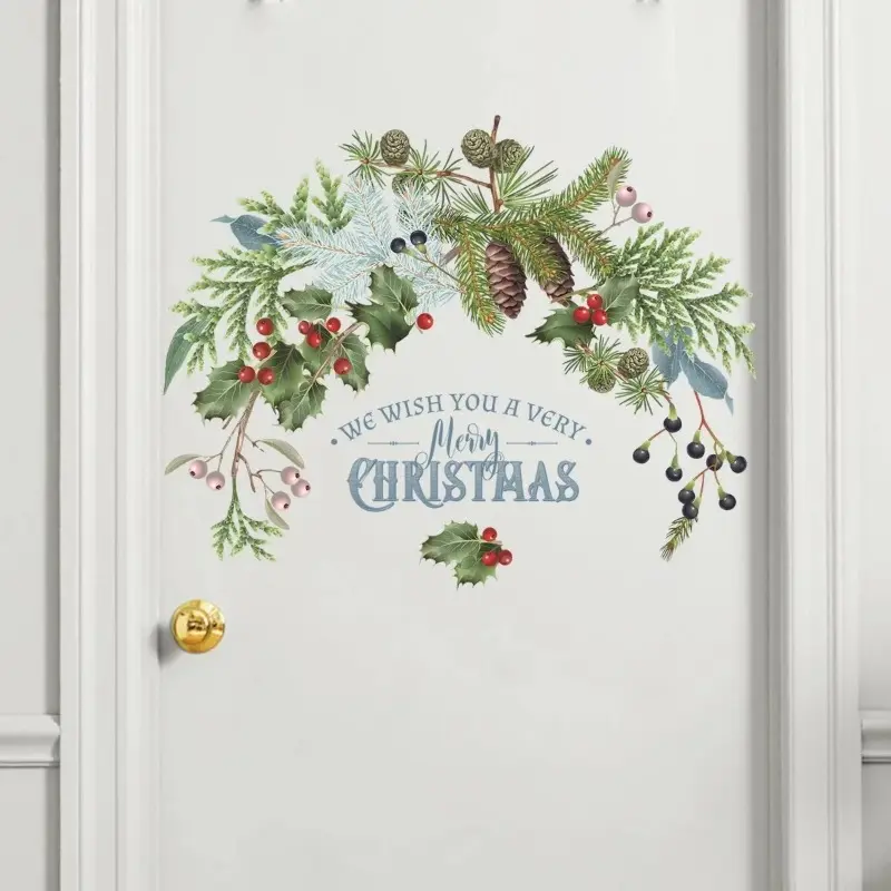 Green Plant Pine Cone Branch Wall Sticker Decoration New Year Decoration Glass Window Door Poster Home Mural Vinyl