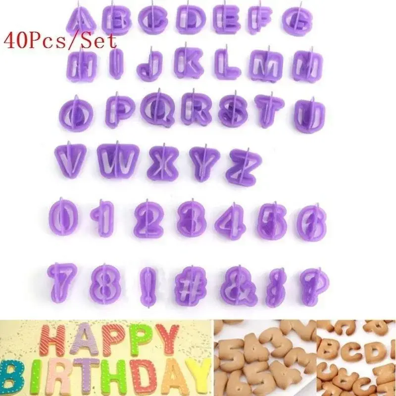 40 Pcs/1 Set Kitchen Baking Cute Alphabet Number Character Letter Cookie Cutter Fondant Cake Biscuit Baking Mould DIY Handle
