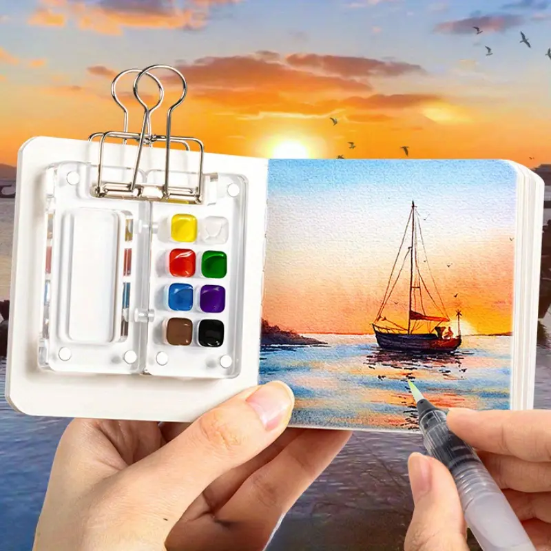 1pc 8/15 Grid Color Box Mini Watercolor Pigment Box Portable Notebook Painting Book Suitable Diy Painting Supplies