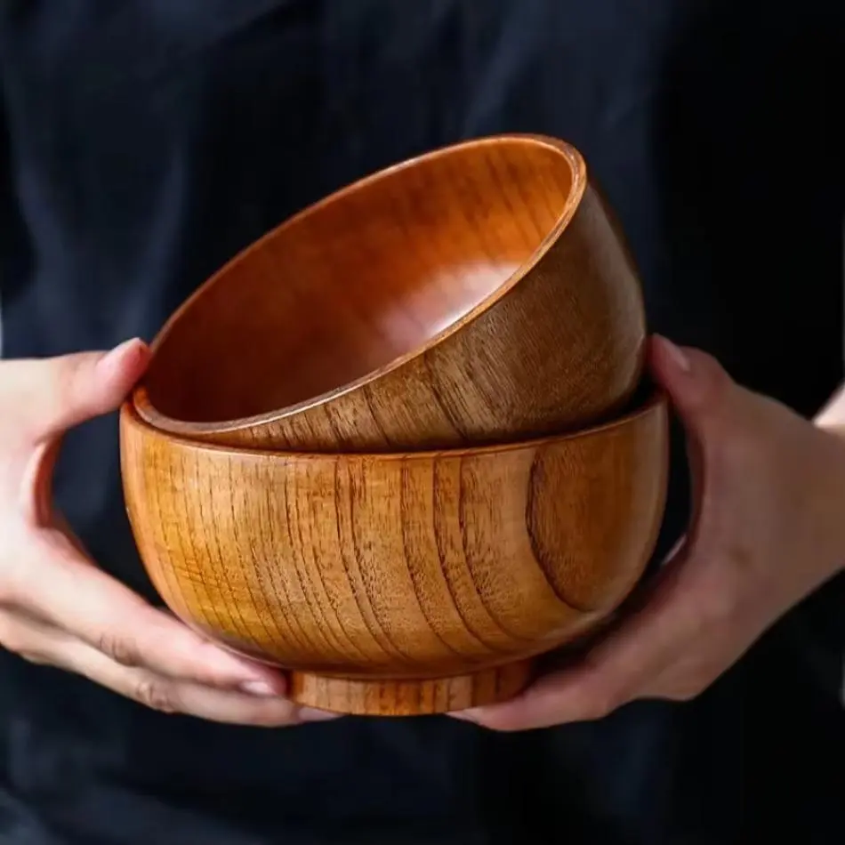 New Japanese Style Jujube Wooden Bowl Round Large Soup Bowl Creative Kids Rice Bowl Tableware Vintage Wooden Bowls Tableware