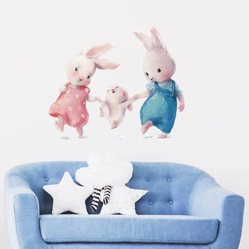 Lovely New Style Bunny Happy Family Wall Stickers Suitable Kids Room Baby Nursery Room Wall Decoration Living Room Ornament