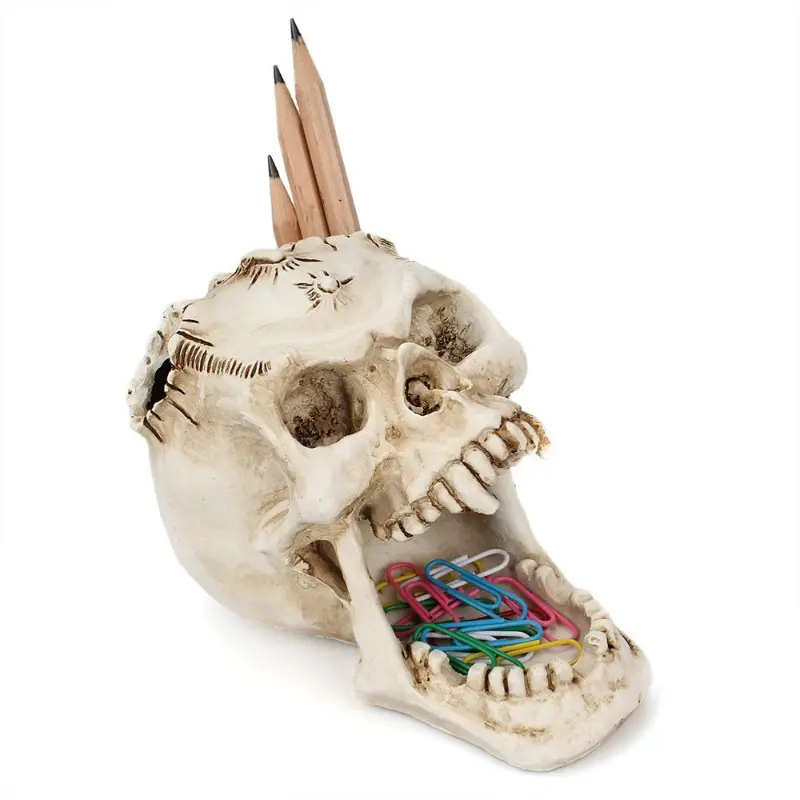 Skull Pen Holder Makeup Brush Holder Skull Pencil Organizer Pot Spooky Goth Decorations Skull Key Holder Trick Or Treat Decor