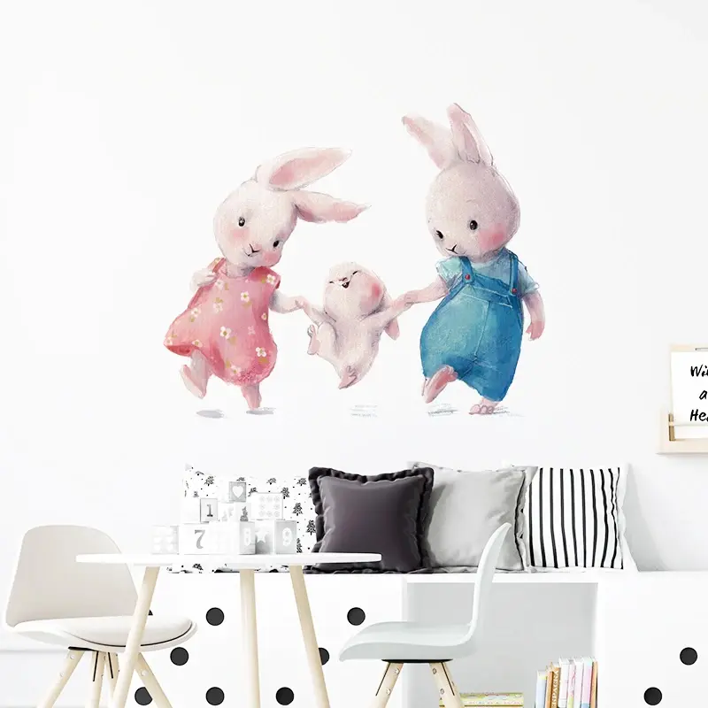 Lovely New Style Bunny Happy Family Wall Stickers Suitable Kids Room Baby Nursery Room Wall Decoration Living Room Ornament