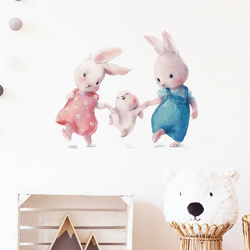Lovely New Style Bunny Happy Family Wall Stickers Suitable Kids Room Baby Nursery Room Wall Decoration Living Room Ornament
