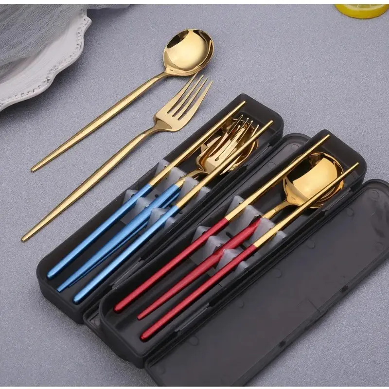 3-piece Spoon Fork Chopsticks Set with Storage Box Stainless Steel Coffee Snack Fruit Dessert Fork Spoon Kitchen Teaspoon Set