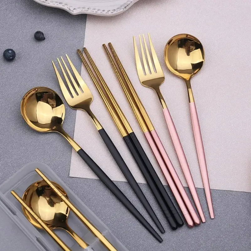 3-piece Spoon Fork Chopsticks Set with Storage Box Stainless Steel Coffee Snack Fruit Dessert Fork Spoon Kitchen Teaspoon Set