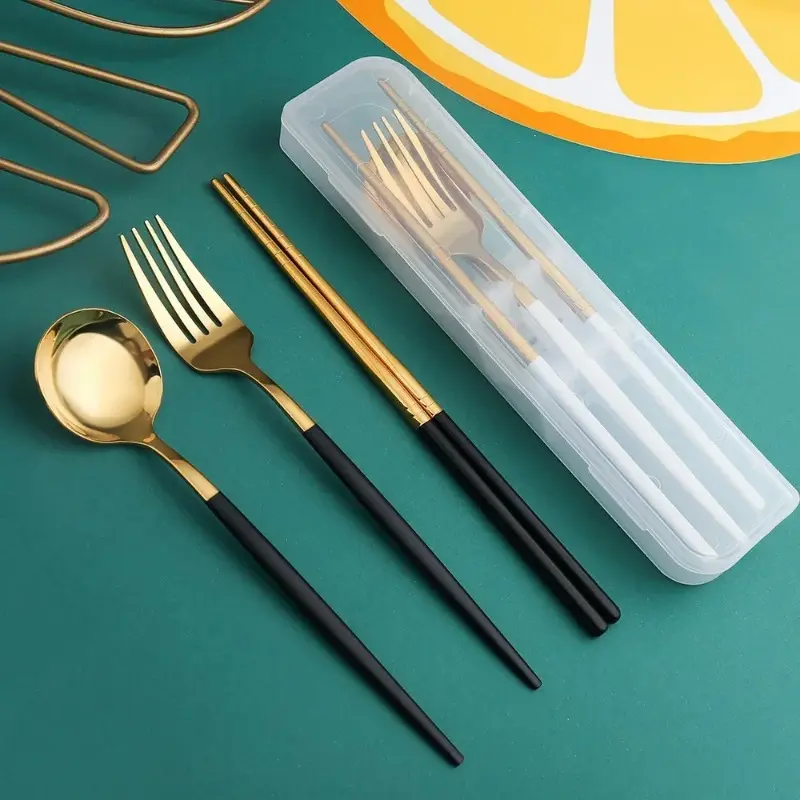 3-piece Spoon Fork Chopsticks Set with Storage Box Stainless Steel Coffee Snack Fruit Dessert Fork Spoon Kitchen Teaspoon Set