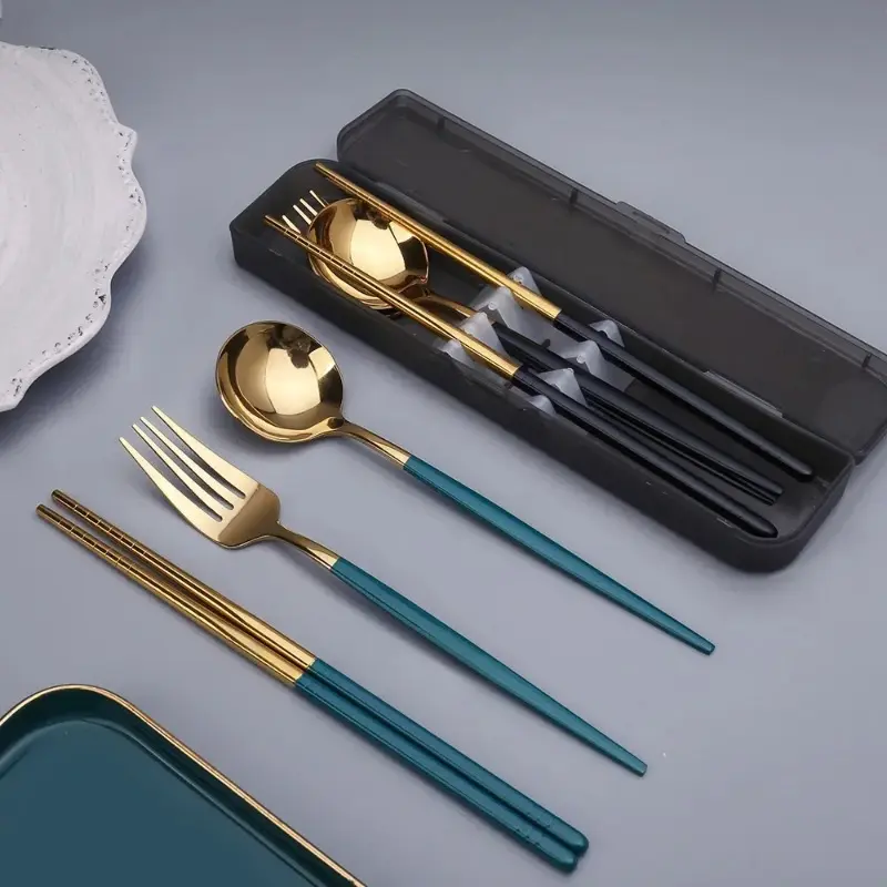 3-piece Spoon Fork Chopsticks Set with Storage Box Stainless Steel Coffee Snack Fruit Dessert Fork Spoon Kitchen Teaspoon Set