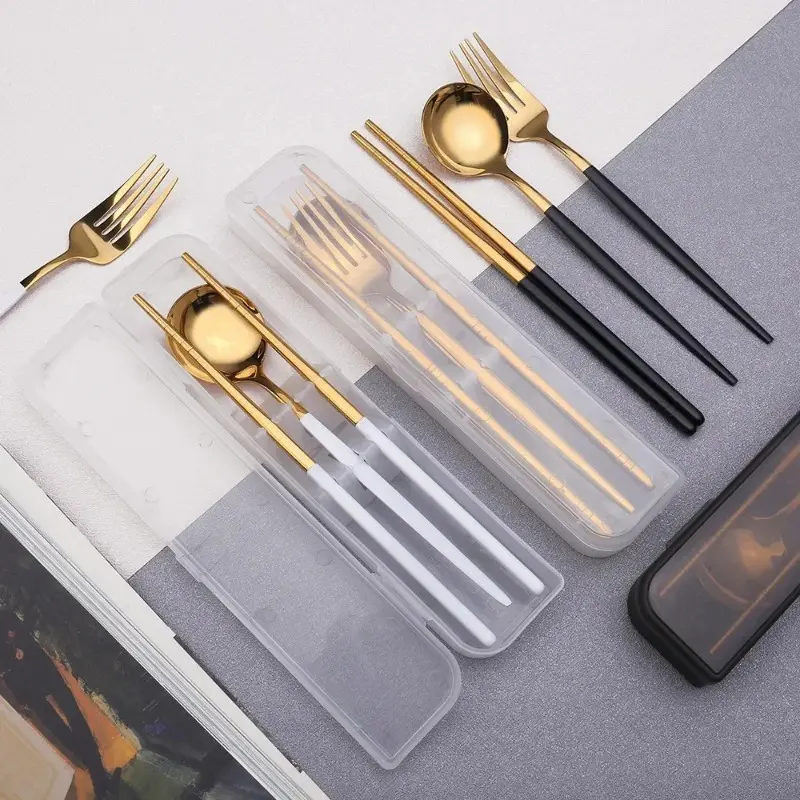 3-piece Spoon Fork Chopsticks Set with Storage Box Stainless Steel Coffee Snack Fruit Dessert Fork Spoon Kitchen Teaspoon Set
