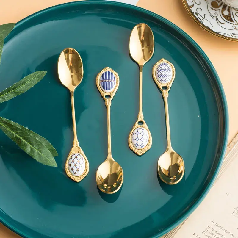 Creative Stainless Steel Golden Coffee Milk Spoon Practical Stirring Spoon Elegent Ceramic Dessert Honey Spoons Home Tableware