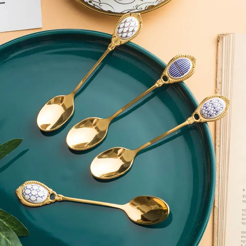 Creative Stainless Steel Golden Coffee Milk Spoon Practical Stirring Spoon Elegent Ceramic Dessert Honey Spoons Home Tableware