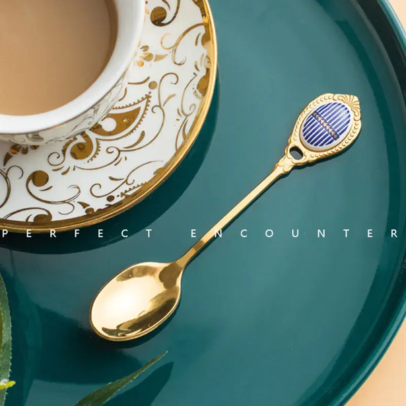 Creative Stainless Steel Golden Coffee Milk Spoon Practical Stirring Spoon Elegent Ceramic Dessert Honey Spoons Home Tableware