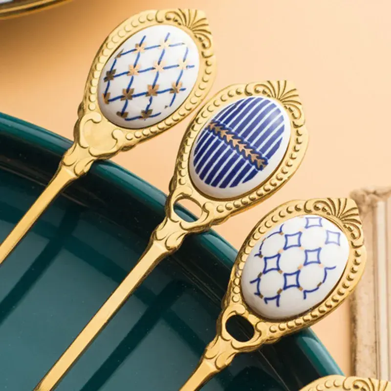 Creative Stainless Steel Golden Coffee Milk Spoon Practical Stirring Spoon Elegent Ceramic Dessert Honey Spoons Home Tableware
