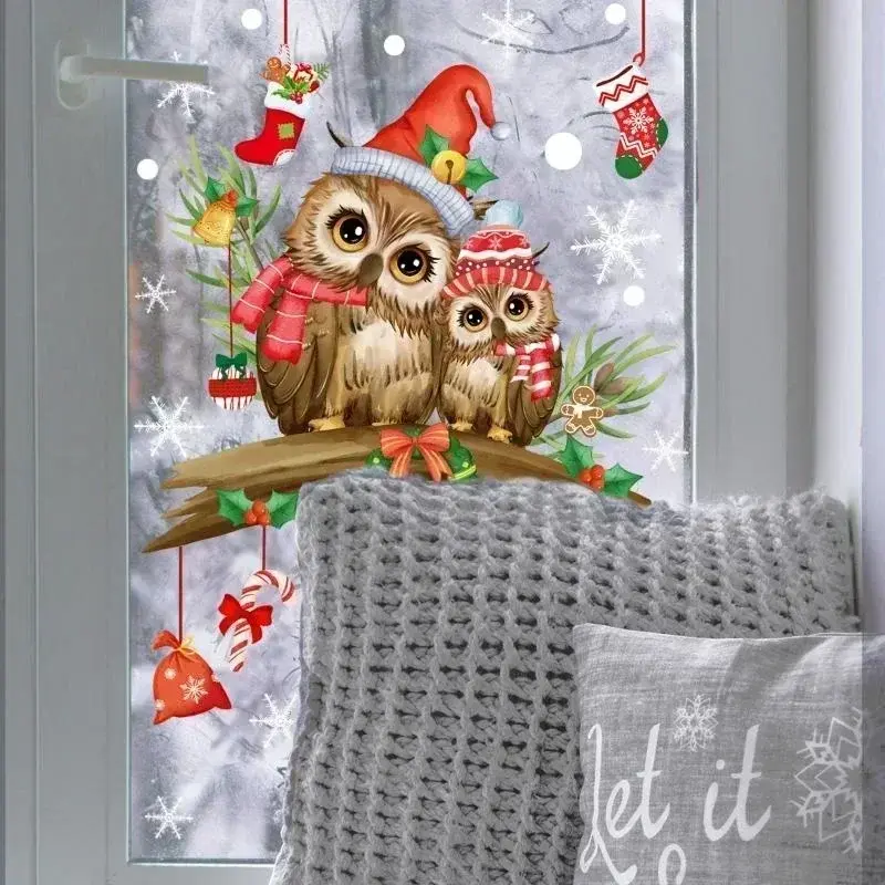 Christmas Owl Branch Wall Stickers Living Room Glass Window Mural Bedroom Decor Self Adhesive Animal Decals Home Decoration