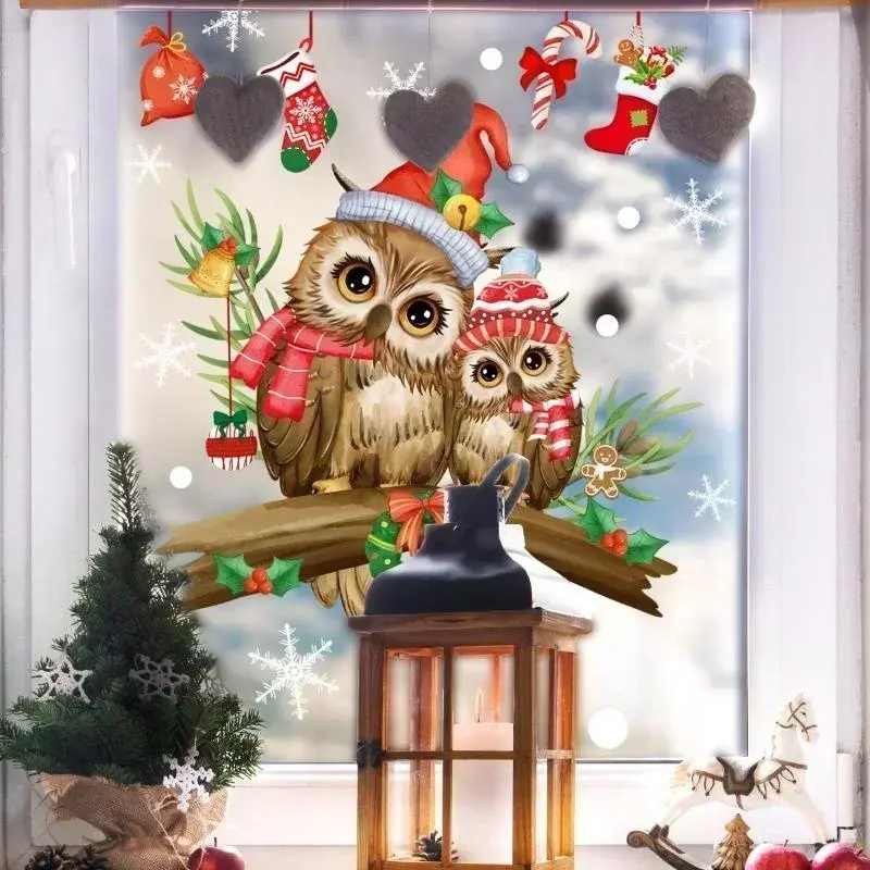 Christmas Owl Branch Wall Stickers Living Room Glass Window Mural Bedroom Decor Self Adhesive Animal Decals Home Decoration