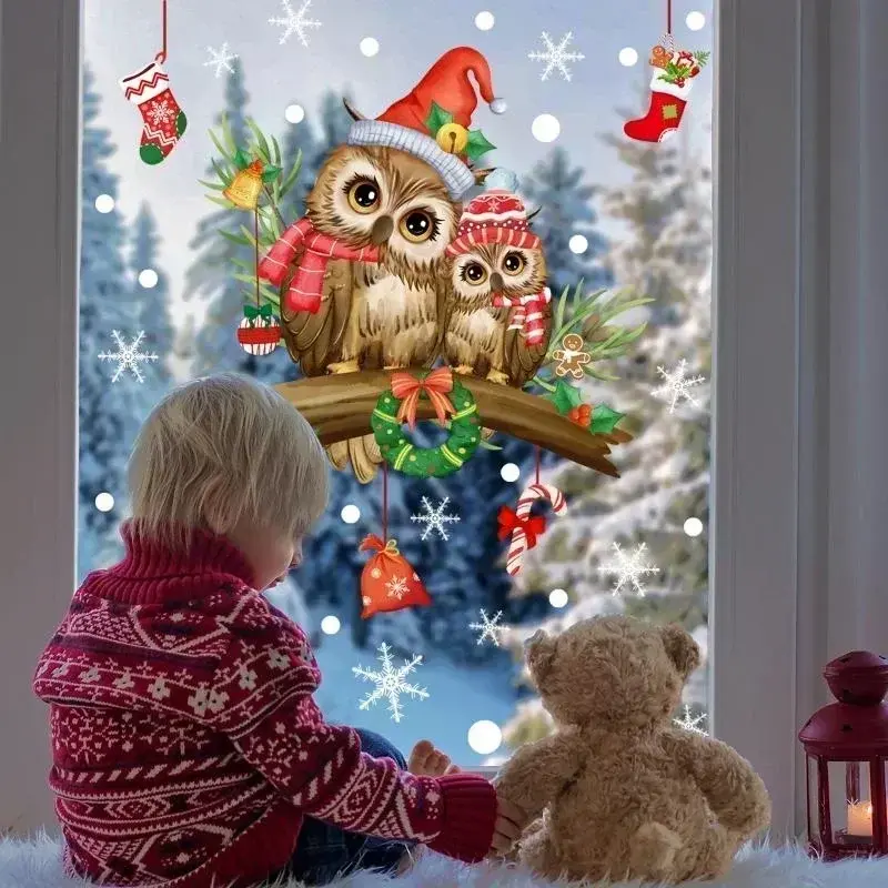 Christmas Owl Branch Wall Stickers Living Room Glass Window Mural Bedroom Decor Self Adhesive Animal Decals Home Decoration