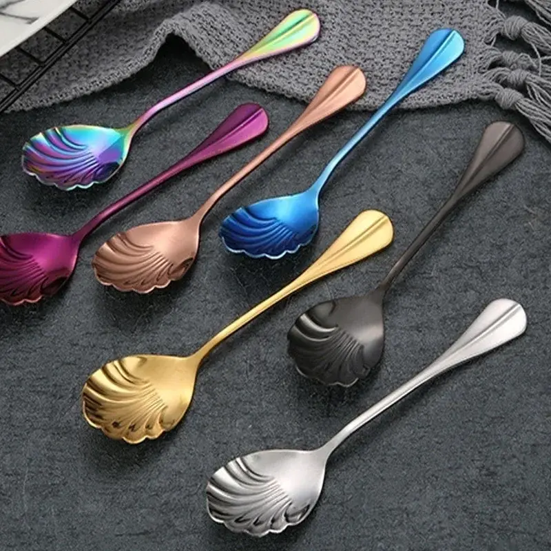 Colorful Shell Shape Stainless Steel Coffee Spoon Teaspoons Ice Cream Scoops Sugar Dessert Rainbow Tableware Home Kitchen Tools