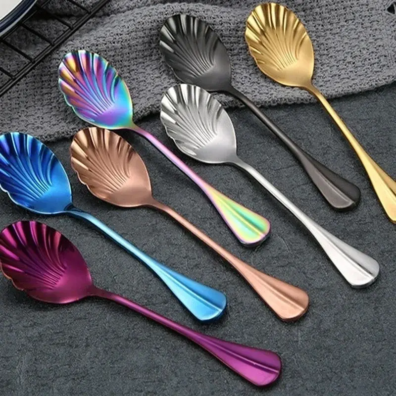 Colorful Shell Shape Stainless Steel Coffee Spoon Teaspoons Ice Cream Scoops Sugar Dessert Rainbow Tableware Home Kitchen Tools